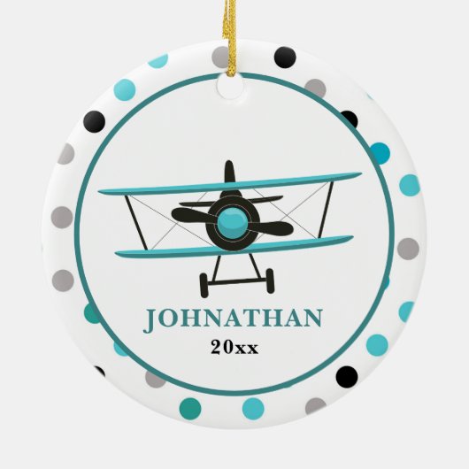 かわいいパーソナライズされたティール(緑がかった色)飛行機水玉模様 セラミックオーナメント (裏面)