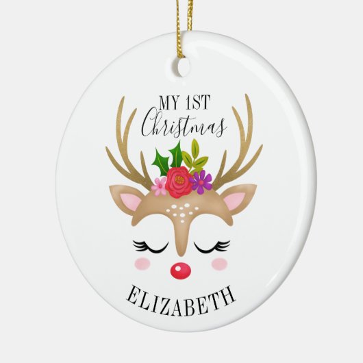 かわいいパーソナライズされたトナカイベビー1stクリスマス セラミックオーナメント (左)