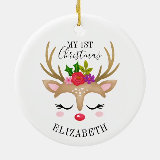 かわいいパーソナライズされたトナカイベビー1stクリスマス セラミックオーナメント (裏面)
