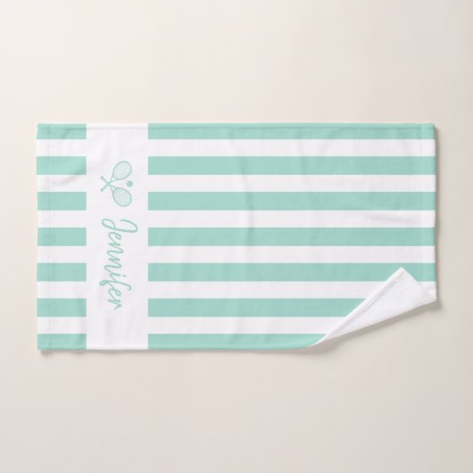 かわいいパーソナライズされたネームテニスアクアブルーストライプズ ハンドタオル (ハンドタオル)