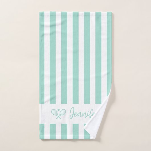 かわいいパーソナライズされたネームテニスアクアブルーストライプズ ハンドタオル (ハンドタオル)