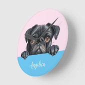 かわいいパーソナライズされたパグ写真キッズルームの装飾 ラウンド壁時計 (傾斜)