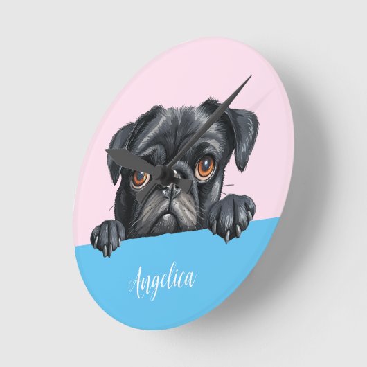 かわいいパーソナライズされたパグ写真キッズルームの装飾 ラウンド壁時計 (傾斜)