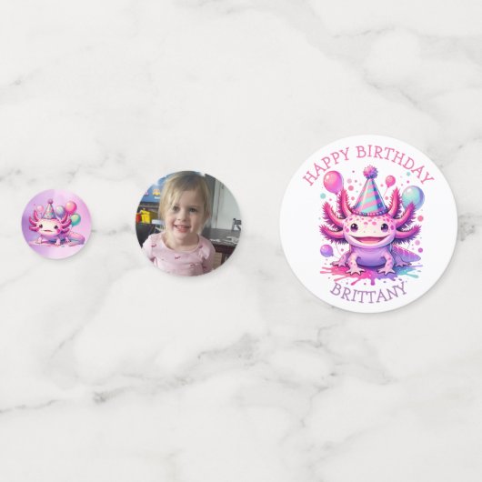 かわいいパーソナライズされたピンクとパープルアクソロトル誕生日 コンフェッティ (正面)