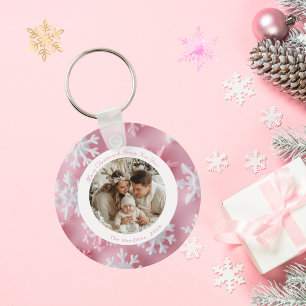かわいいパーソナライズされたピンクのスノーフレーク・クリスマス キーホルダー