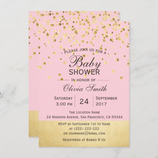 かわいいパーソナライズされたピンクの金ゴールドベビーシャワー招待状 招待状 (正面/裏面)