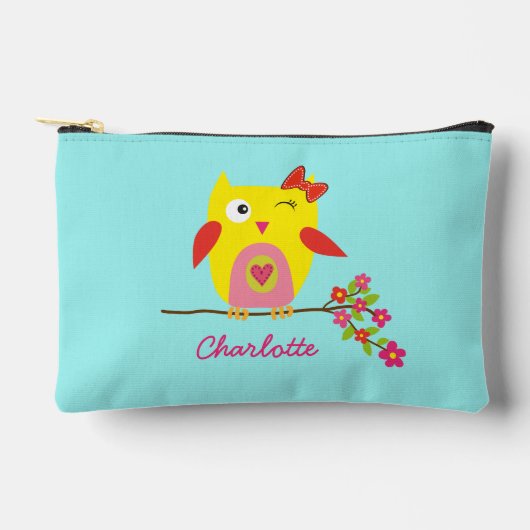 かわいいパーソナライズされたフクロウイエローピンクイラストレーション アクセサリーポーチ (正面)
