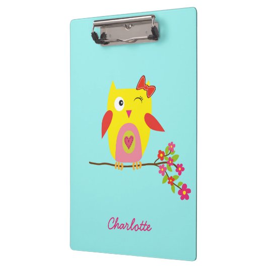 かわいいパーソナライズされたフクロウイエローピンクイラストレーション クリップボード (左)