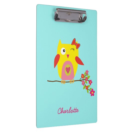 かわいいパーソナライズされたフクロウイエローピンクイラストレーション クリップボード (右)
