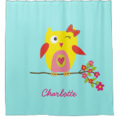 かわいいパーソナライズされたフクロウイエローピンクイラストレーション シャワーカーテン (正面)