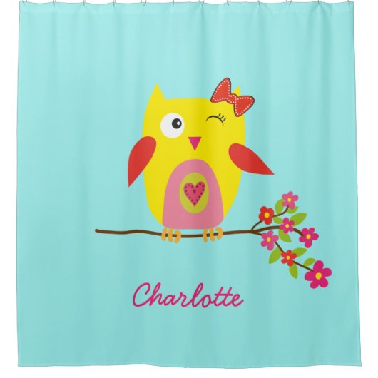 かわいいパーソナライズされたフクロウイエローピンクイラストレーション シャワーカーテン (正面)