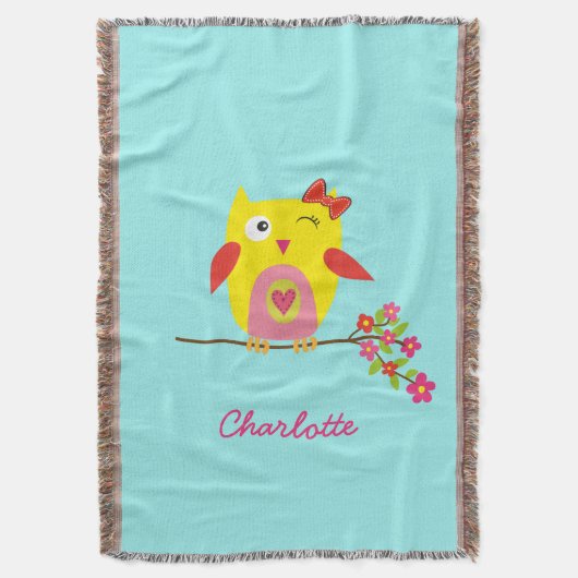かわいいパーソナライズされたフクロウイエローピンクイラストレーション スローブランケット (正面縦)