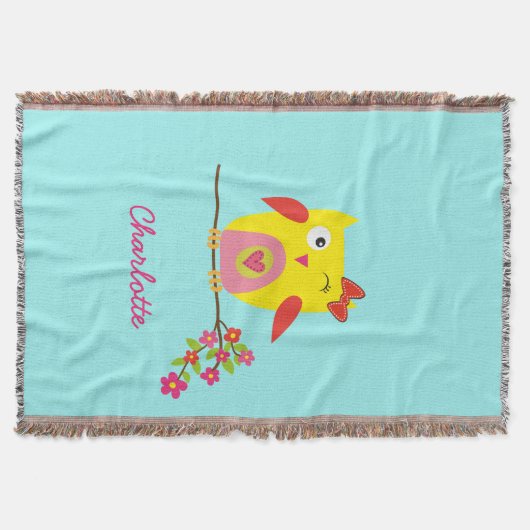 かわいいパーソナライズされたフクロウイエローピンクイラストレーション スローブランケット (正面)