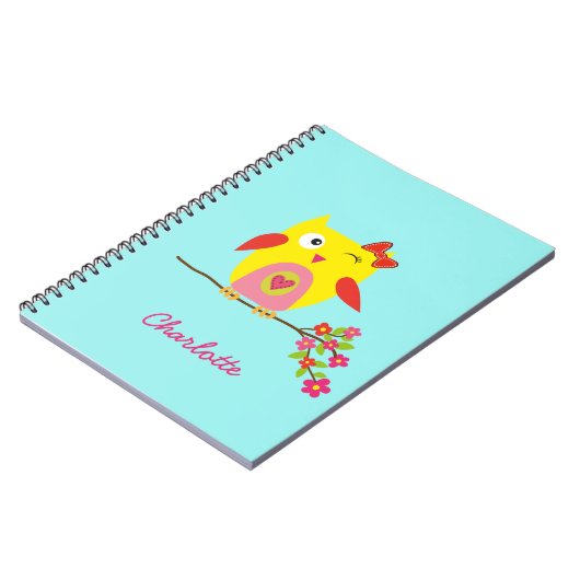 かわいいパーソナライズされたフクロウイエローピンクイラストレーション ノートブック (左側)