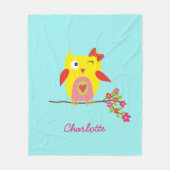 かわいいパーソナライズされたフクロウイエローピンクイラストレーション フリースブランケット (正面)