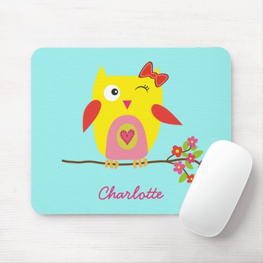 かわいいパーソナライズされたフクロウイエローピンクイラストレーション マウスパッド (マウス)