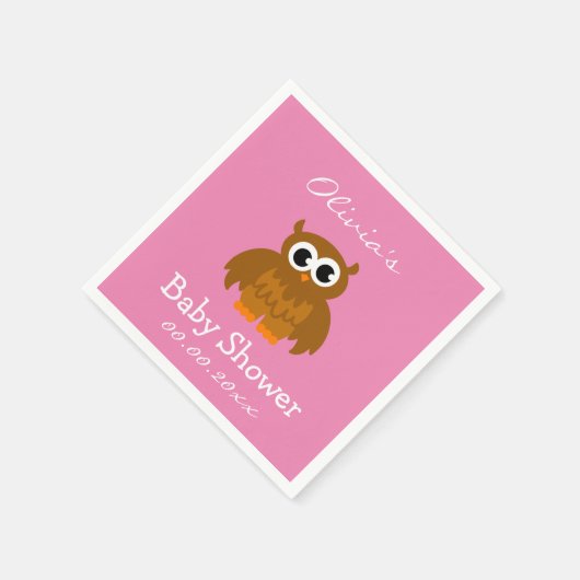 かわいいパーソナライズされたフクロピンクの赤ちゃんシャワーナプキン スタンダードカクテルナプキン (角)
