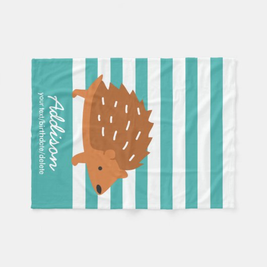 かわいいパーソナライズされたベビーハリネズミストライプの動物 フリースブランケット (正面(横))