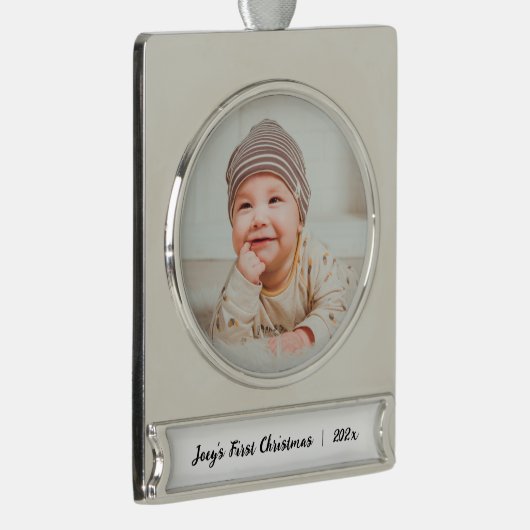 かわいいパーソナライズされたベビー名フォト初めてのクリスマス シルバープレートバナーオーナメント (右)