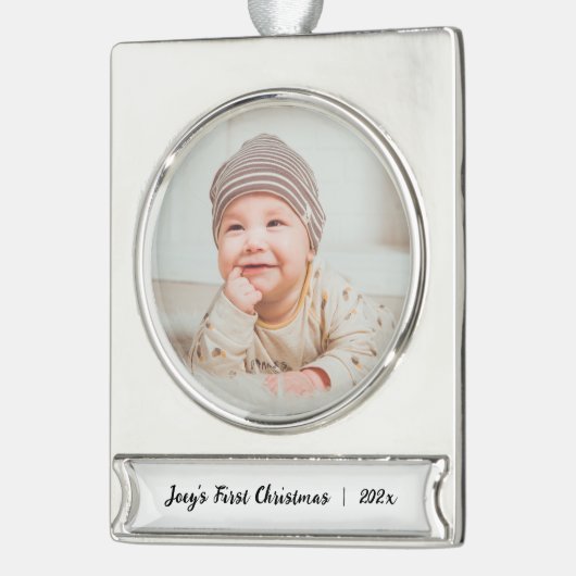 かわいいパーソナライズされたベビー名フォト初めてのクリスマス シルバープレートバナーオーナメント (左)