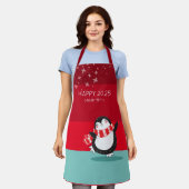 かわいいパーソナライズされたペンギンハッピー20XXホリデーエプロン エプロン (着用した状態)