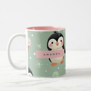かわいいパーソナライズされたペンギン&アイスクリームパターン ツートーンマグカップ