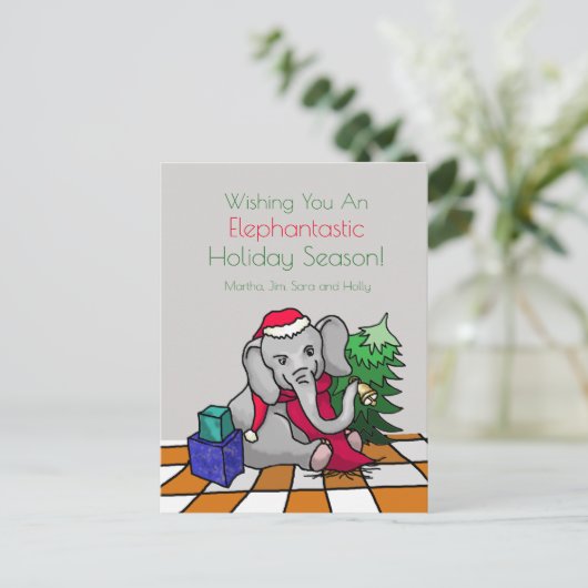 かわいいパーソナライズされたマンガのクリスマスゾウ シーズンポストカード (スタンド正面)