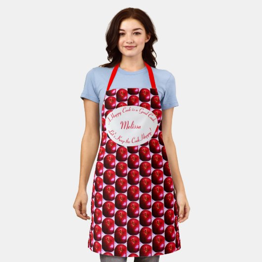 かわいいパーソナライズされたリンゴ エプロン (着用した状態)