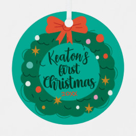 かわいいパーソナライズされたリースベビーの初めてのクリスマス メタルオーナメント