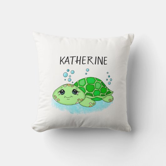 かわいいパーソナライズされた亀の漫画の名前 クッション (正面)
