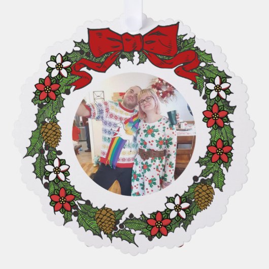 かわいいパーソナライズされた写真クリスマスリース オーナメントカード (正面)