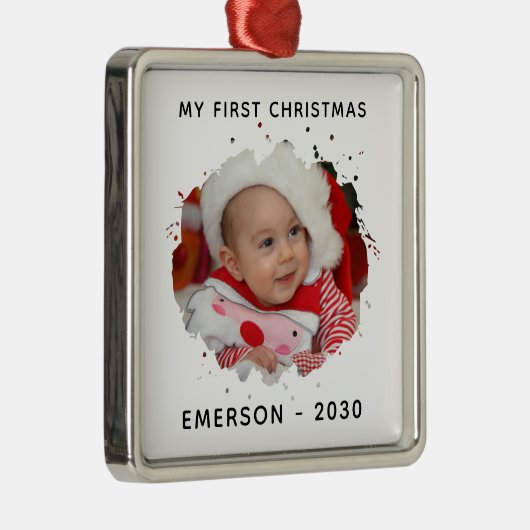 かわいいパーソナライズされた写真名の年の初めてのクリスマス メタルオーナメント (右)