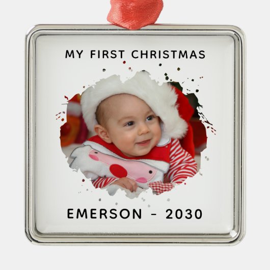 かわいいパーソナライズされた写真名の年の初めてのクリスマス メタルオーナメント (正面)
