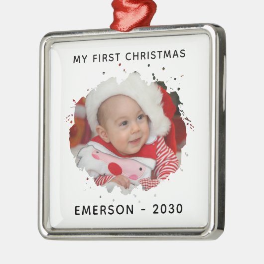 かわいいパーソナライズされた写真名の年の初めてのクリスマス メタルオーナメント (左)