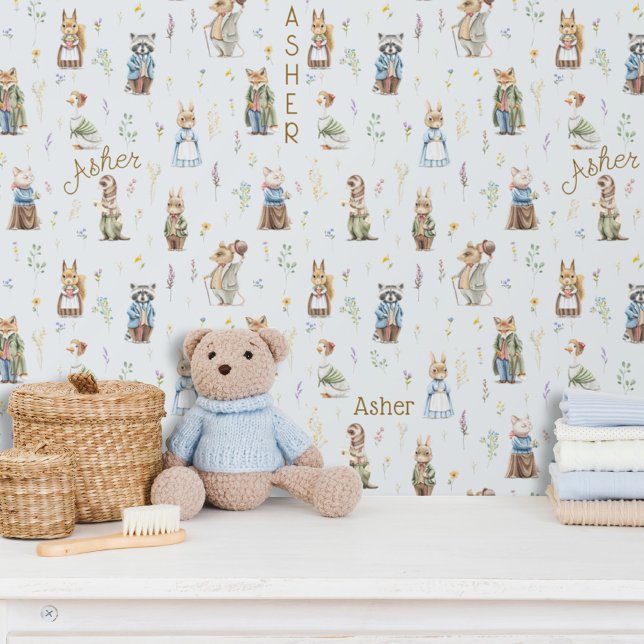 かわいいパーソナライズされた名前ウッドランドアニマルズブルーボーイ 壁紙 (Cute Baby blue boy custom name woodland animals forest friends theme nursery kids bedroom wallpaper)