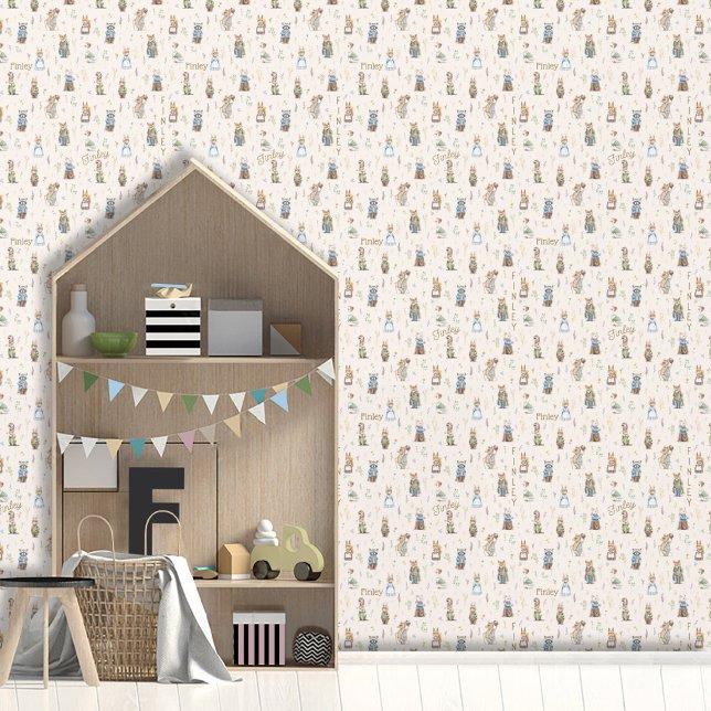 かわいいパーソナライズされた名前ウッドランド動物少年ガール 壁紙 (Cute Vintage Forest Woodland Animals illustration, Peter Rabbit custom name neutral color wallpaper)