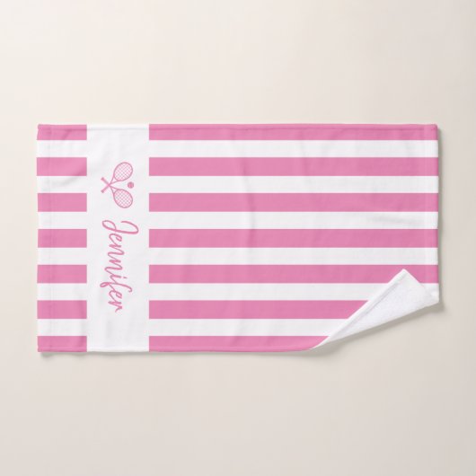 かわいいパーソナライズされた名前テニスクッストライプク ハンドタオル (ハンドタオル)