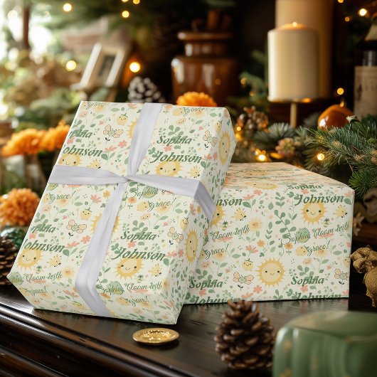 かわいいパーソナライズされた太陽と花ギフトラップキッズ ラッピングペーパー