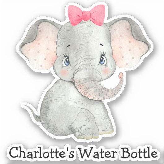 かわいいパーソナライズされた女の子の名前エレファントウォーターボトル シール (正面)
