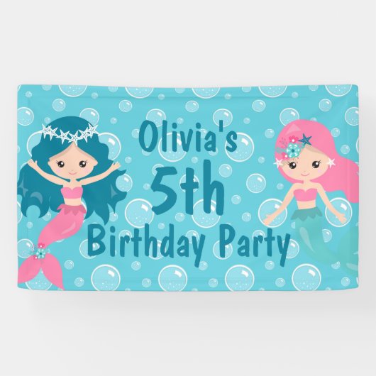 かわいいパーソナライズされた女の子マーメイド誕生日パーティー 横断幕 (横)
