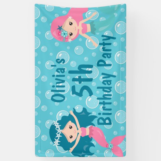 かわいいパーソナライズされた女の子マーメイド誕生日パーティー 横断幕 (縦)