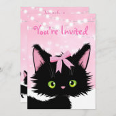 かわいいパーソナライズされた子猫ピンクの誕生日パーティー 招待状 (正面/裏面)
