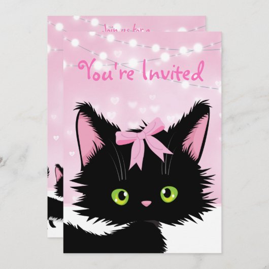 かわいいパーソナライズされた子猫ピンクの誕生日パーティー 招待状 (正面/裏面)