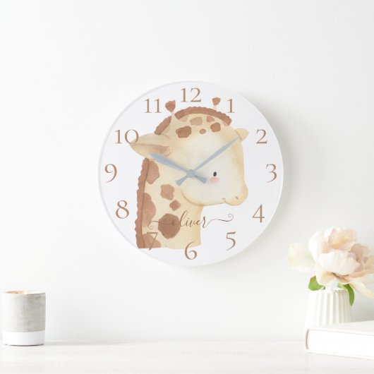 かわいいパーソナライズされた水彩ベビーキリン名 ラージ壁時計 (ホーム)