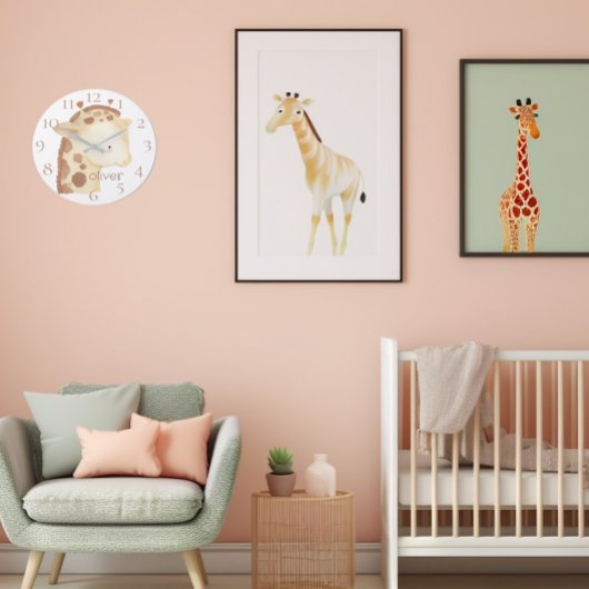 かわいいパーソナライズされた水彩ベビーキリン名 ラージ壁時計