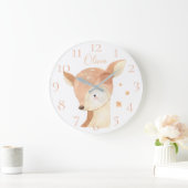 かわいいパーソナライズされた水彩ベビー鹿の名前 ラージ壁時計 (ホーム)
