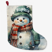 かわいいパーソナライズされた水彩雪だるま ラージクリスマスストッキング (正面)