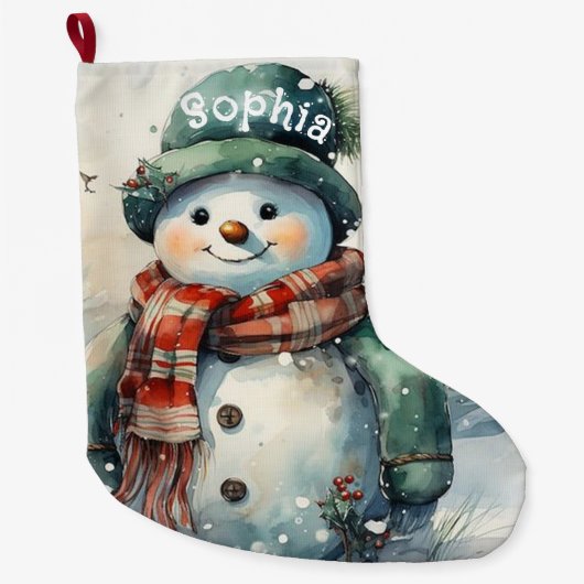かわいいパーソナライズされた水彩雪だるま ラージクリスマスストッキング (正面)
