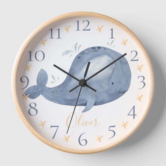 かわいいパーソナライズされた水色航海のブルーホエー 壁時計 (正面)