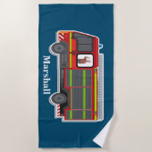 かわいいパーソナライズされた消防車の子供たち写真青 ビーチタオル (正面)